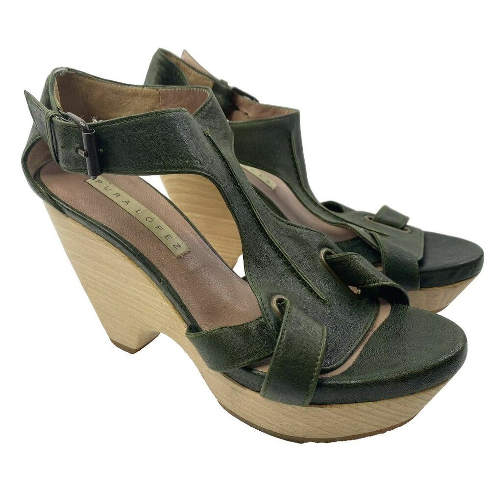 Pura Lopez Shoes Womens Size 38 US 8 Wooden Block Heel Clog Green Leather
